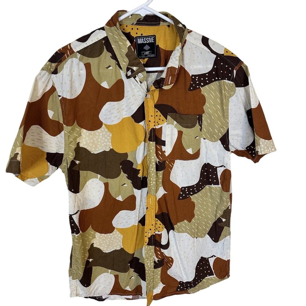Massive The Brand Mens Retro All Over Print Brown Button Up Shirt Large Cottton